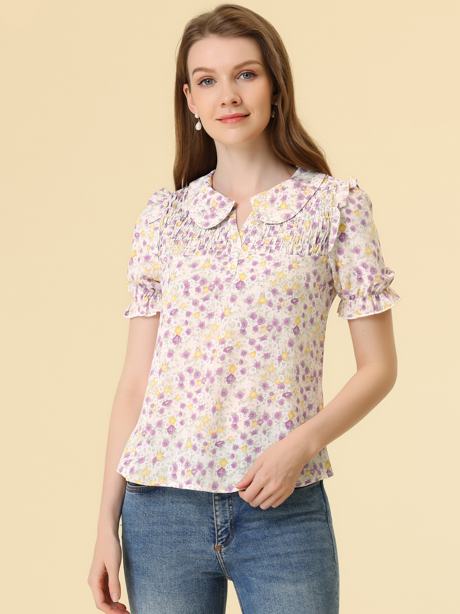 Peter Pan Collar Puff Short Sleeve Ruffle Smocked Floral Blouse Pink/S - Allegra K catalog