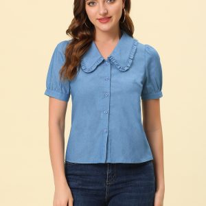 Chambray Shirt Peter Pan Collar Puff Sleeve Vintage Denim Blouse Light Blue/S - Allegra K catalog