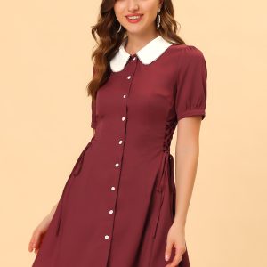 Vintage Peter Pan Collar Lace Up Button Down Dress Burgundy/M - Allegra K catalog