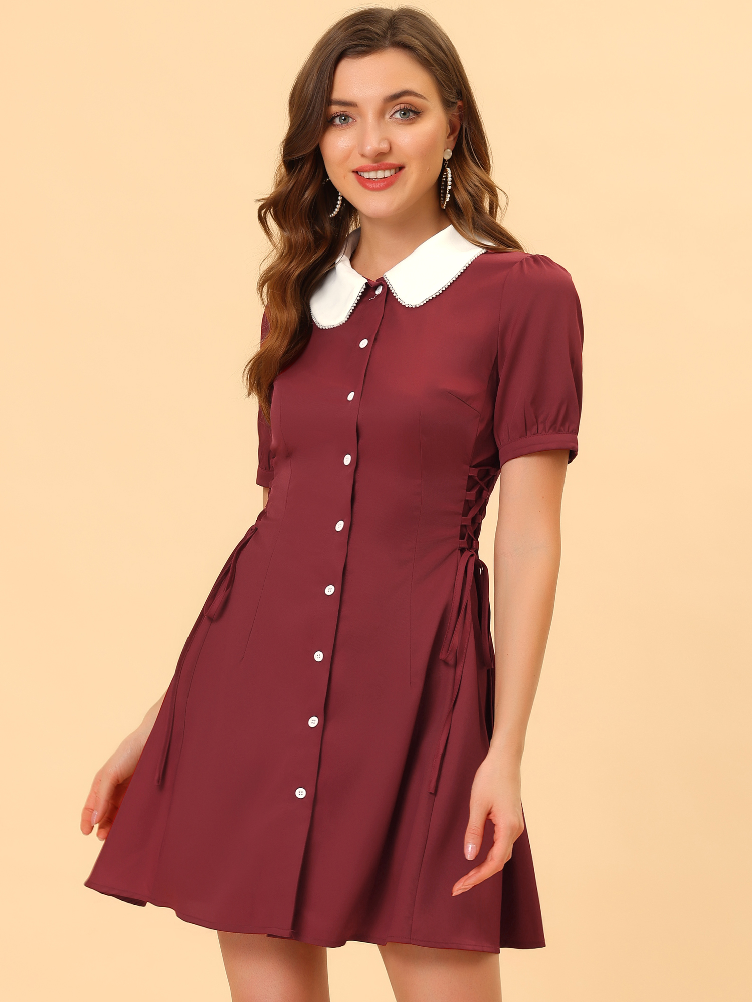 Vintage Peter Pan Collar Lace Up Button Down Dress Burgundy/L - Allegra K catalog