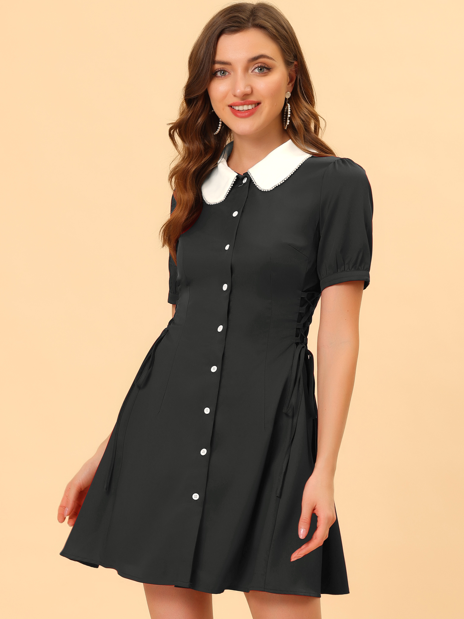 Vintage Peter Pan Collar Lace Up Button Down Dress Black/XS - Allegra K catalog