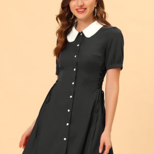 Vintage Peter Pan Collar Lace Up Button Down Dress Black/M - Allegra K catalog
