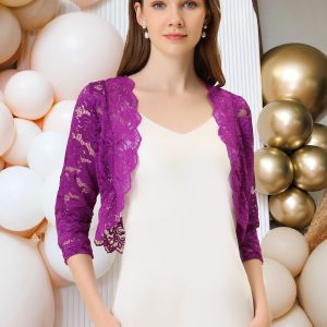 Lace 3/4 Sleeves Sheer Floral Cropped Bolero Shrug Rose Purple/XL - Allegra K catalog