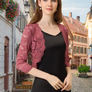 Sheer Floral Elegant 3/4 Sleeve Lace Shrug Brick Red/XL - Allegra K catalog