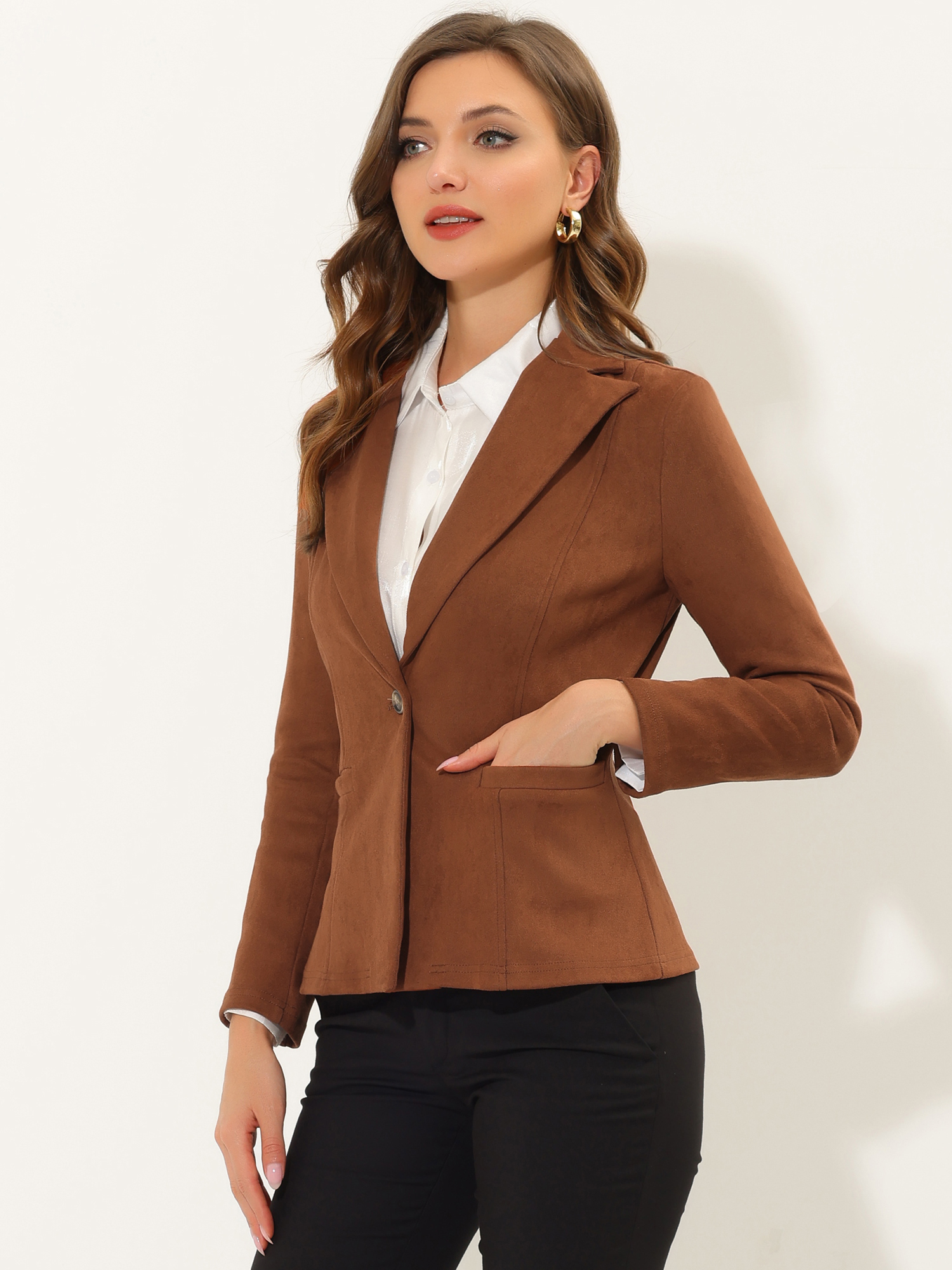 Faux Suede Lapel Collar Long Sleeve Casual Work Office Jacket Caramel/S - Allegra K catalog