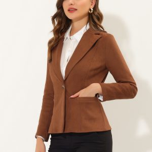 Faux Suede Lapel Collar Long Sleeve Casual Work Office Jacket Caramel/XL - Allegra K catalog