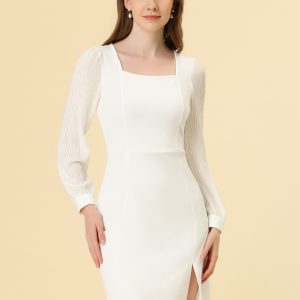 Elegant Mesh Sleeve Split Side A-Line Casual Square Neck Dress White/M - Allegra K catalog