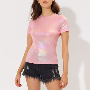 Party Metallic Textured Short Sleeve Shiny Multicolor Top Light Pink/L - Allegra K catalog