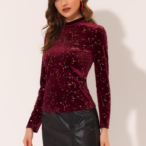 Velvet Blouse Stand Collar Long Sleeve Stars Tops Burgundy/L - Allegra K catalog