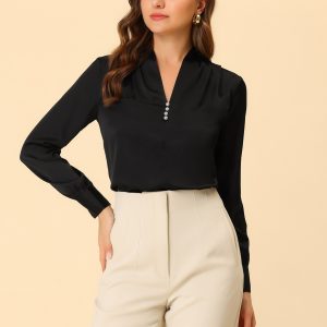 V Neck Decor Beaded Long Sleeve Office Pleated Satin Blouse Top Black/L - Allegra K catalog
