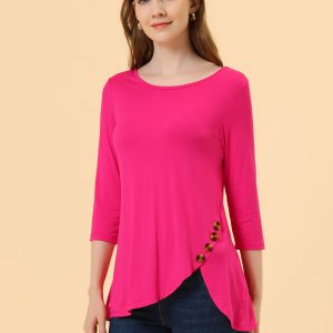 3/4 Sleeve Round Neck Button Decor Casual Stretchy Tunic Tops Hot Pink/M - Allegra K catalog