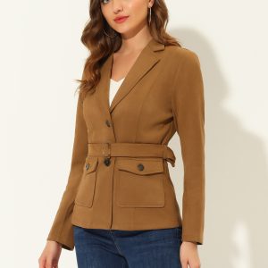 Faux Suede Blazer Belted Lapel Outwear Single Breasted Work Jacket Brown/S - Allegra K catalog