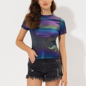 Party Metallic Textured Short Sleeve Shiny Multicolor Top Dark Blue/XS - Allegra K catalog