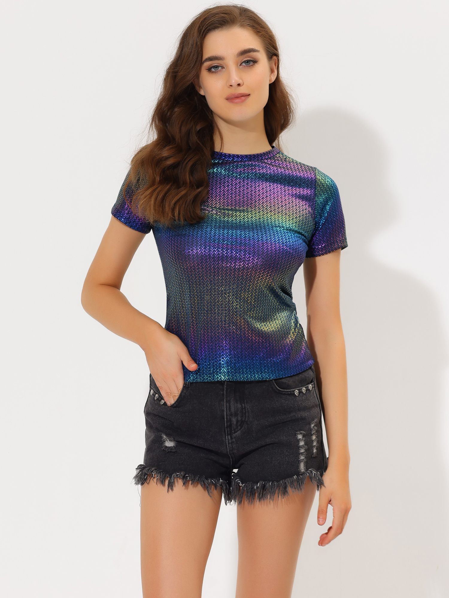 Party Metallic Textured Short Sleeve Shiny Multicolor Top Dark Blue/XL - Allegra K catalog