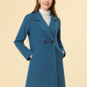 Notched Lapel Raglan Double Breasted Winter Coat Dark Blue Grey/M - Allegra K catalog