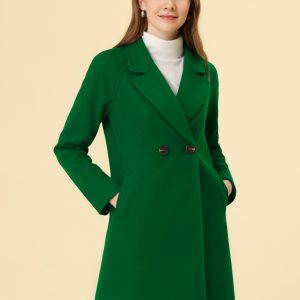 Notched Lapel Raglan Double Breasted Winter Coat Grass Green/M - Allegra K catalog