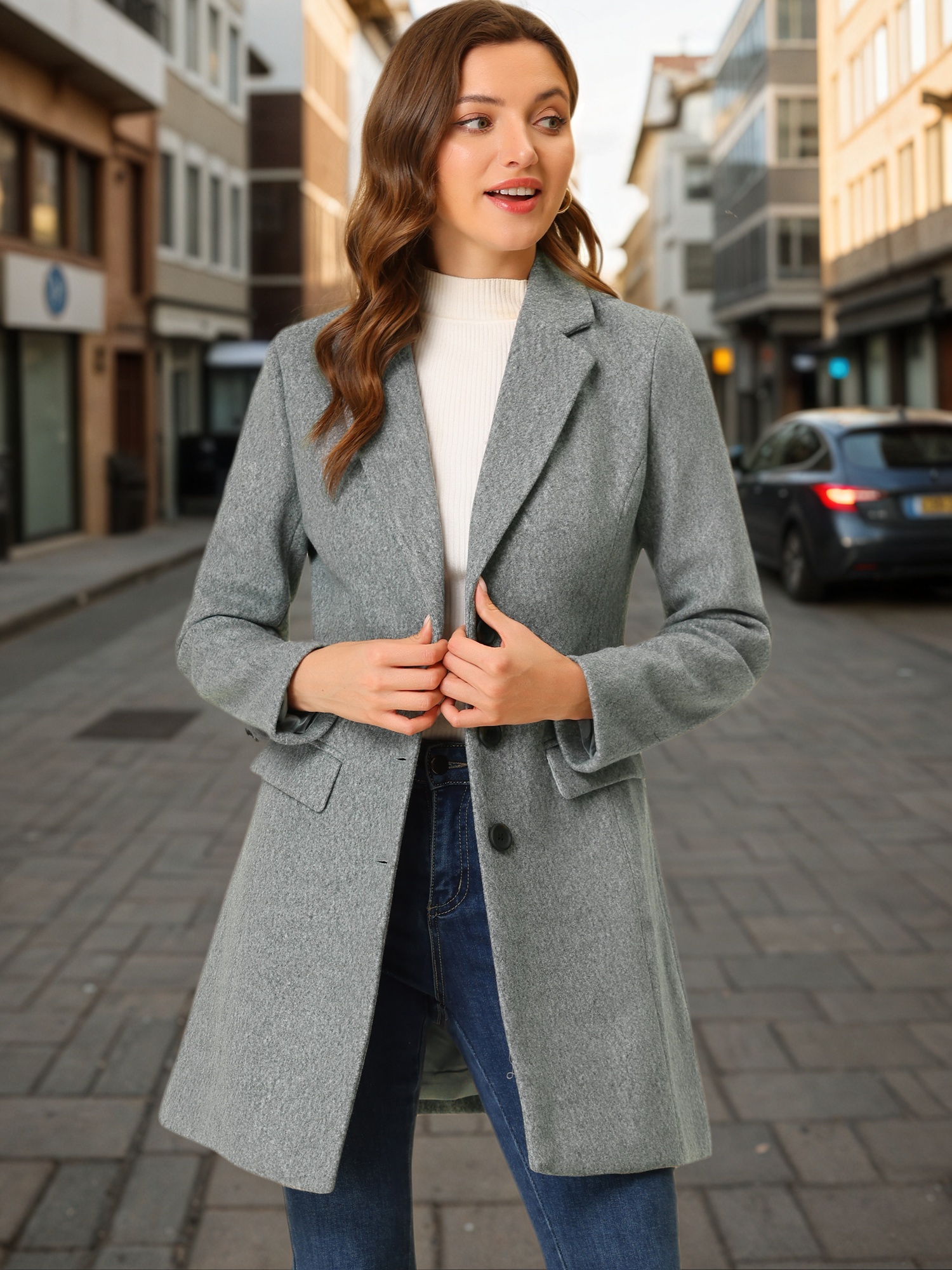 Notched Lapel Single Breasted Outwear Winter Pea Coat Light Grey/M - Allegra K catalog