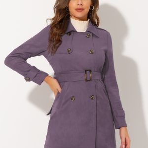 Notched Lapel Double Breasted Faux Suede Trench Coat Jacket with Belt Grey Purple/M - Allegra K catalog