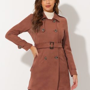 Notched Lapel Double Breasted Faux Suede Trench Coat Jacket with Belt Caramel/XS - Allegra K catalog