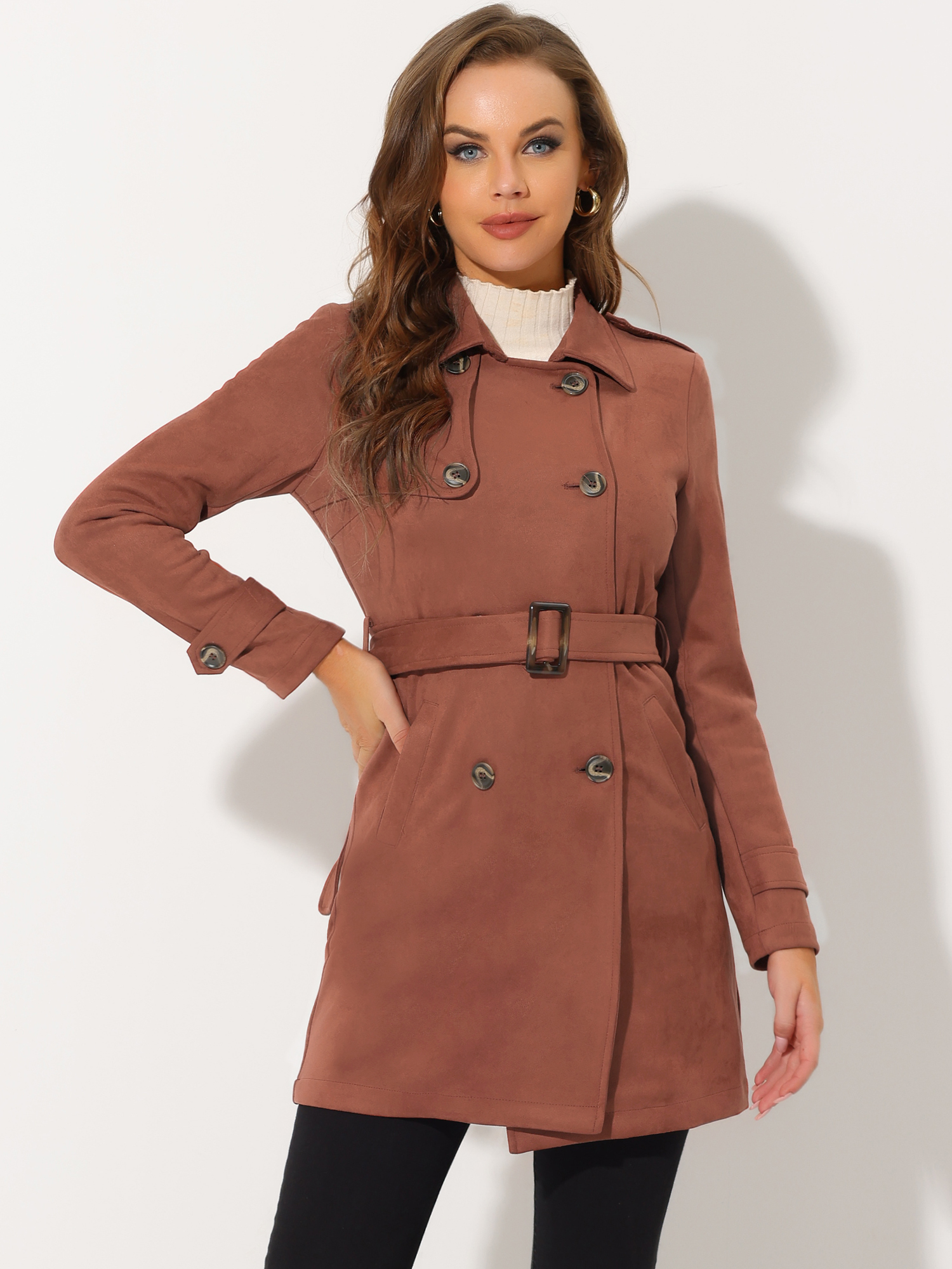 Notched Lapel Double Breasted Faux Suede Trench Coat Jacket with Belt Caramel/M - Allegra K catalog