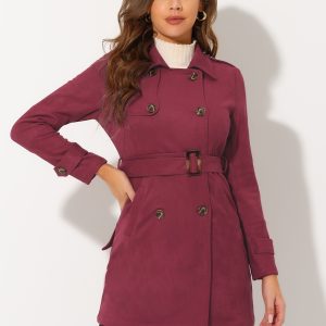Notched Lapel Double Breasted Faux Suede Trench Coat Jacket with Belt Deep Red/S - Allegra K catalog