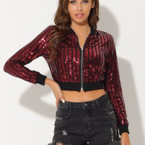 Metallic Sequin Shiny Zip Up Party Sparkly Crop Bomber Jacket Wine Red/M - Allegra K catalog