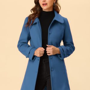Peter Pan Collar Single Breasted Winter Outwear Buttoned Long Coat Marine Blue/XS - Allegra K catalog