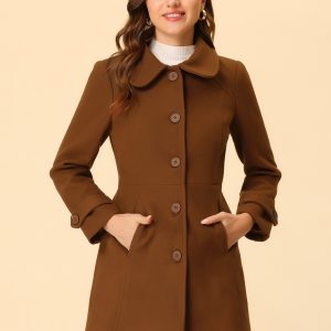 Peter Pan Collar Single Breasted Winter Outwear Buttoned Long Coat Brown/L - Allegra K catalog
