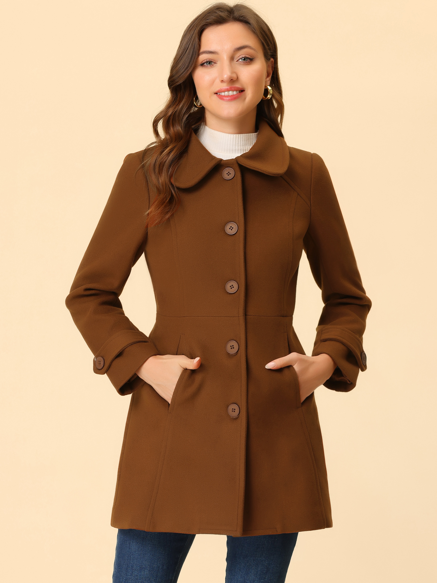 Peter Pan Collar Single Breasted Winter Outwear Buttoned Long Coat Brown/L - Allegra K catalog