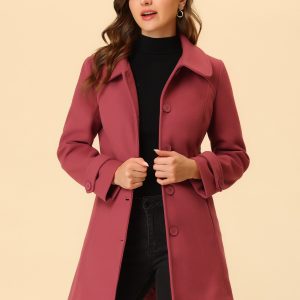 Peter Pan Collar Single Breasted Winter Outwear Buttoned Long Coat Dull Red/XS - Allegra K catalog