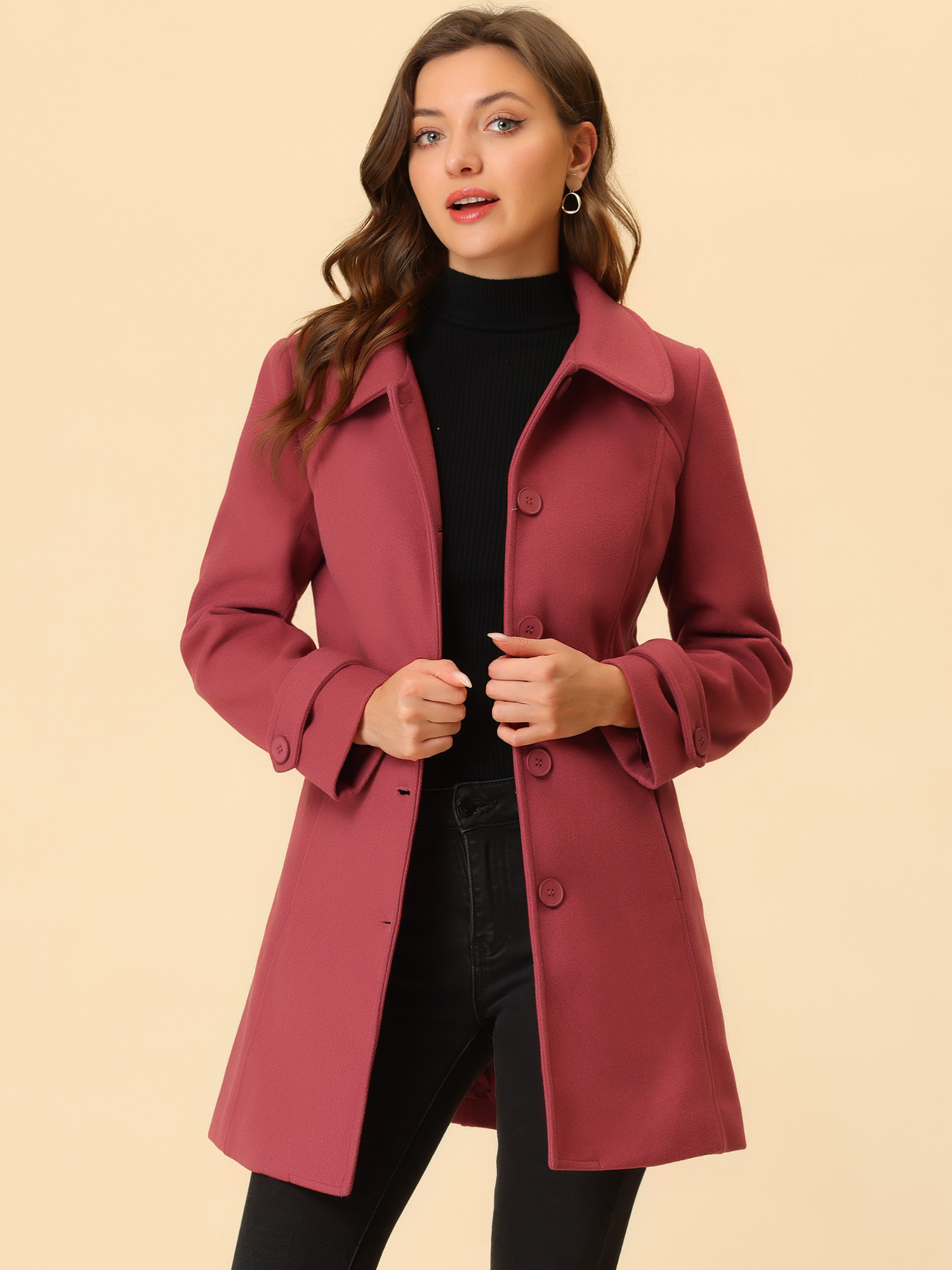 Peter Pan Collar Single Breasted Winter Outwear Buttoned Long Coat Dull Red/L - Allegra K catalog