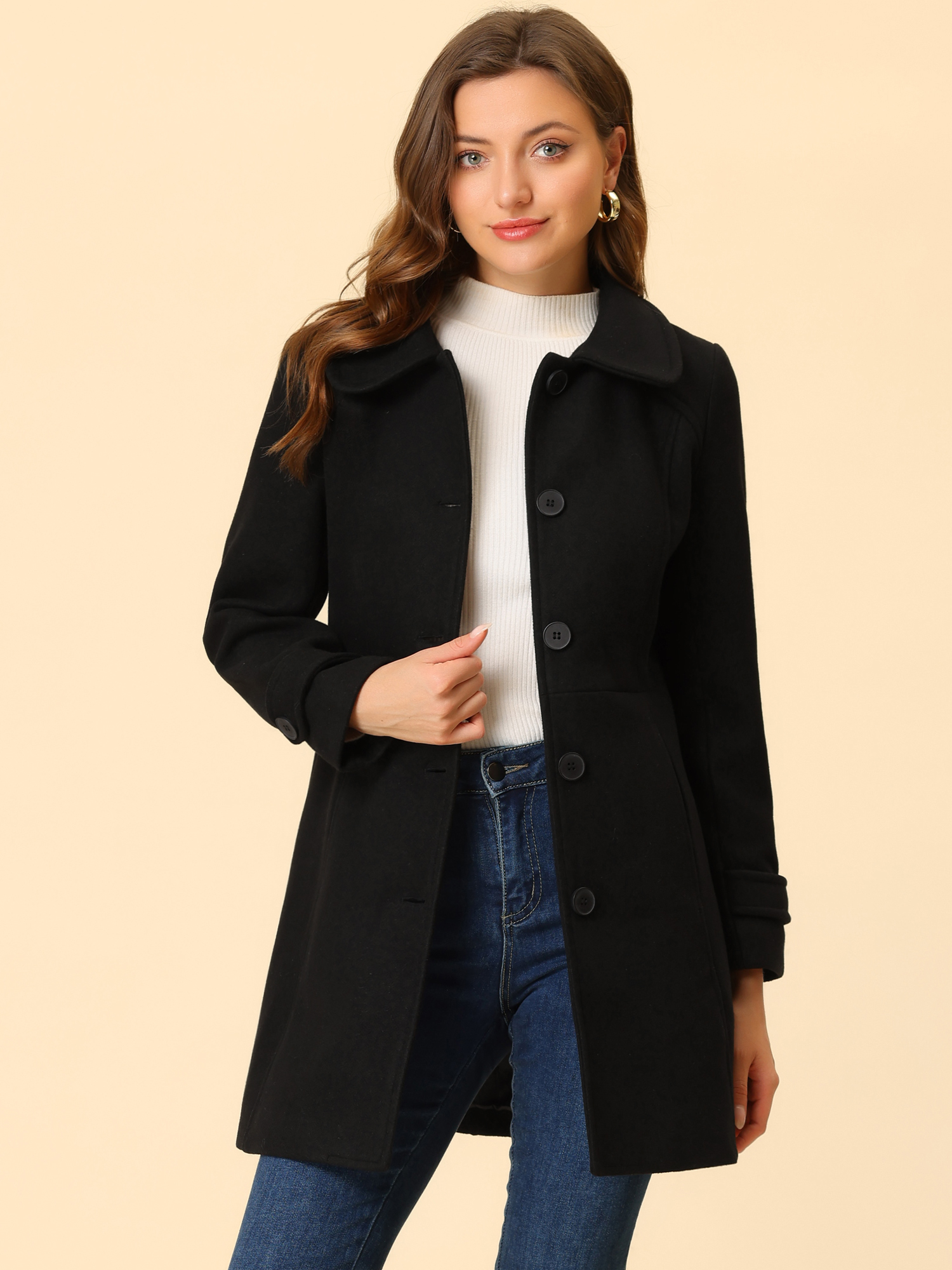 Peter Pan Collar Single Breasted Winter Outwear Buttoned Long Coat Black/XL - Allegra K catalog