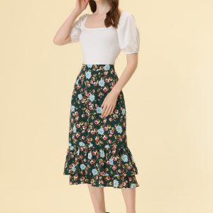 Chiffon Printed Elastic Waist Ruffle Tiered Flowy Midi Skirt Dark Green-Floral/S - Allegra K catalog