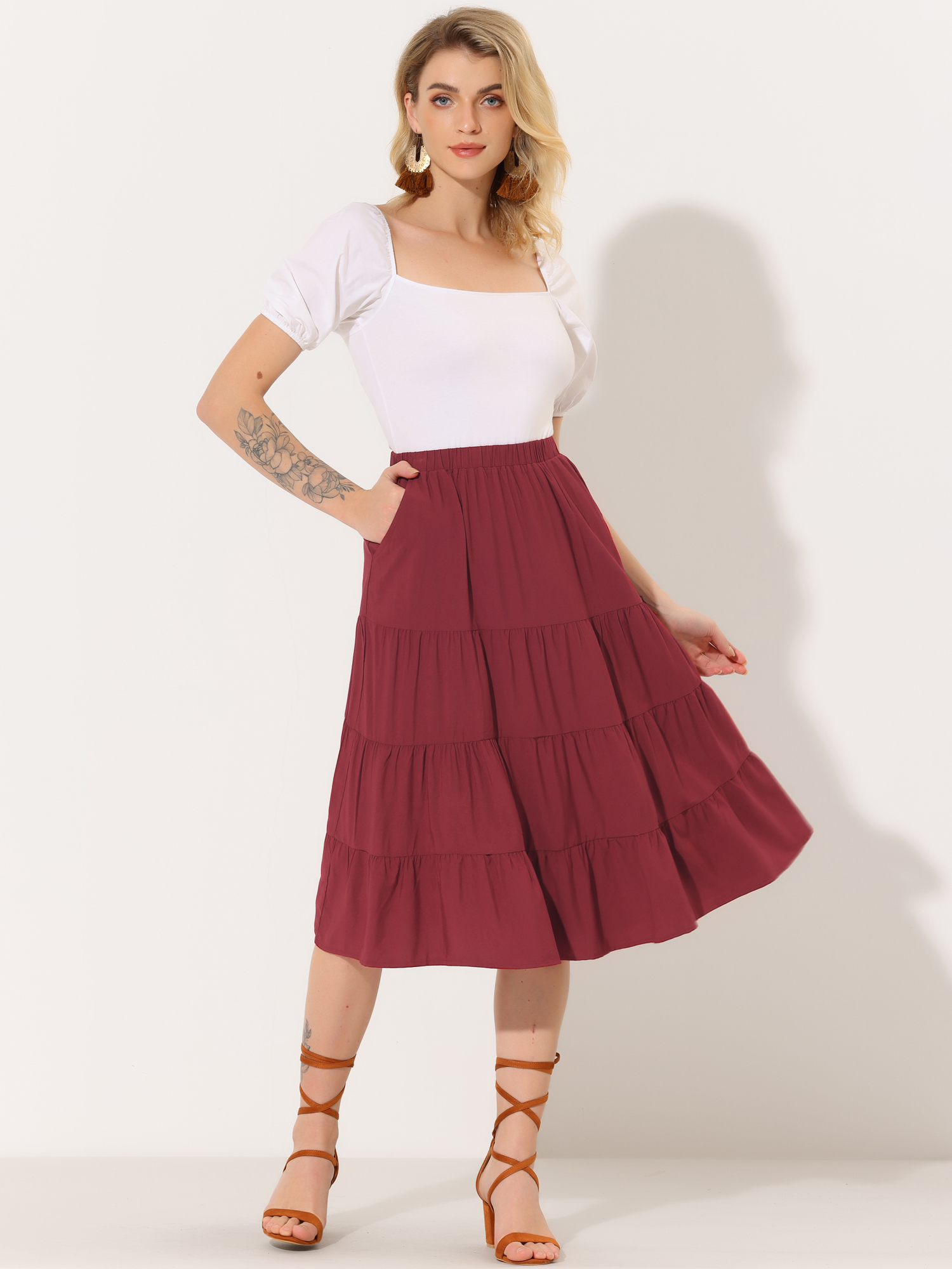Midi Solid Elastic Waist Flare Tiered Long Pockets A-Line Skirt Wine Red/S - Allegra K catalog