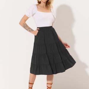 Midi Solid Elastic Waist Flare Tiered Long Pockets A-Line Skirt Black/S - Allegra K catalog