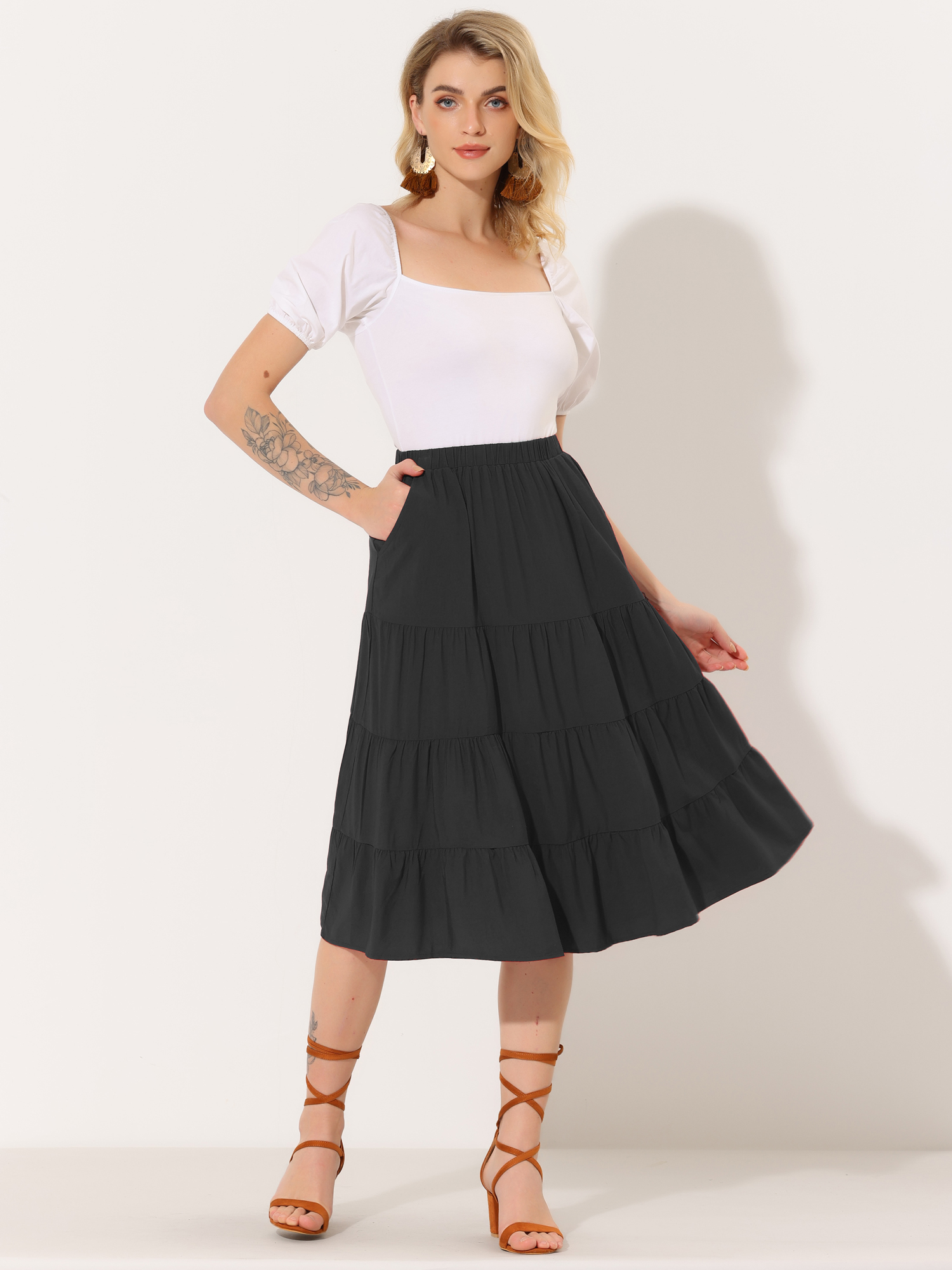 Midi Solid Elastic Waist Flare Tiered Long Pockets A-Line Skirt Black/L - Allegra K catalog