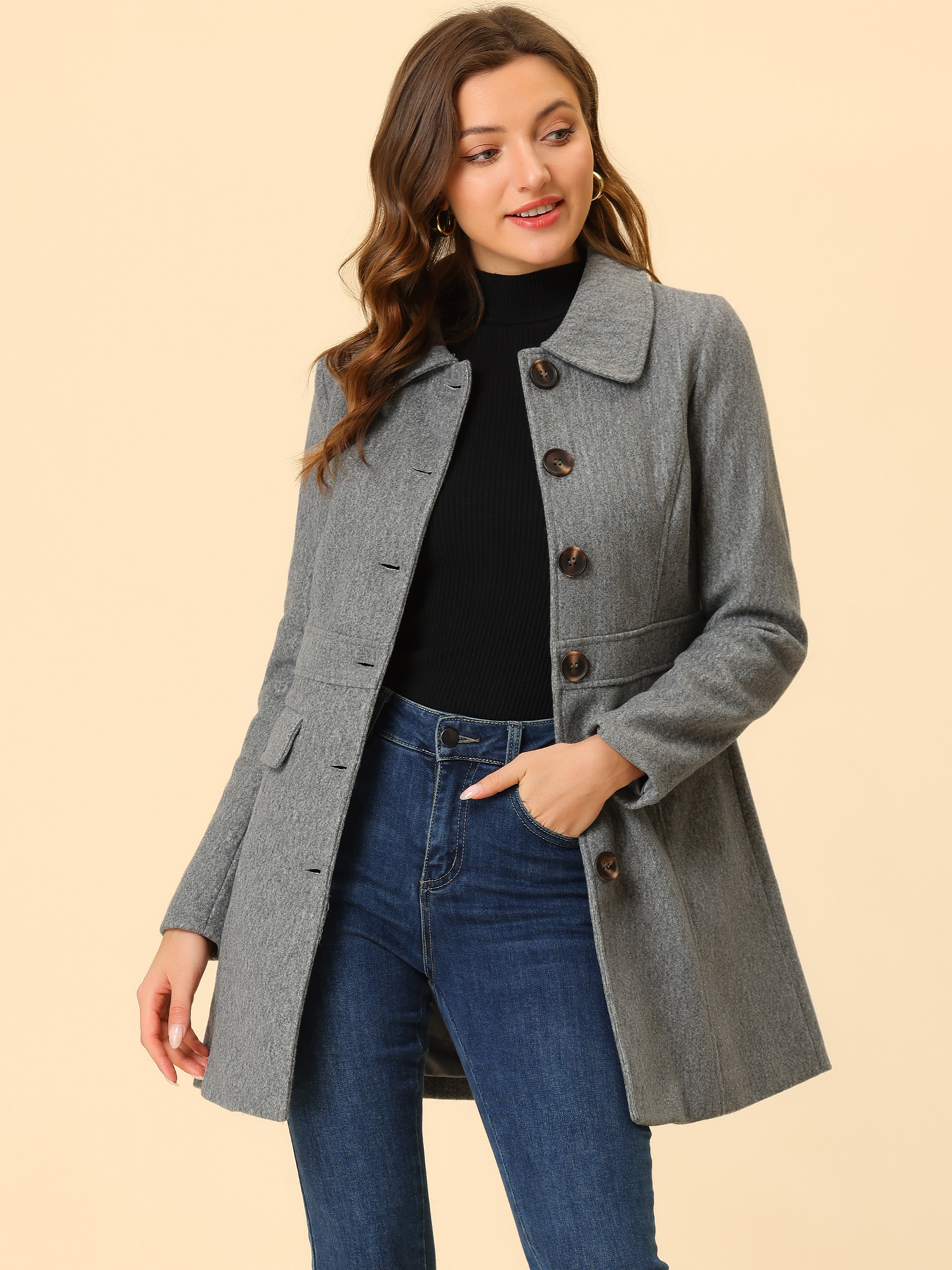 Peter Pan Collar Flap Pocket Single Breasted Button Long Coat Grey/M - Allegra K catalog