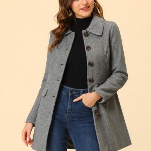 Peter Pan Collar Flap Pocket Single Breasted Button Long Coat Grey/XL - Allegra K catalog