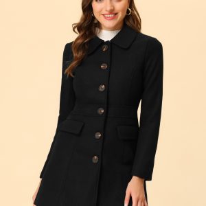 Peter Pan Collar Flap Pocket Single Breasted Button Long Coat Black/XL - Allegra K catalog