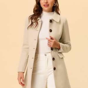 Peter Pan Collar Flap Pocket Single Breasted Button Long Coat Beige/M - Allegra K catalog