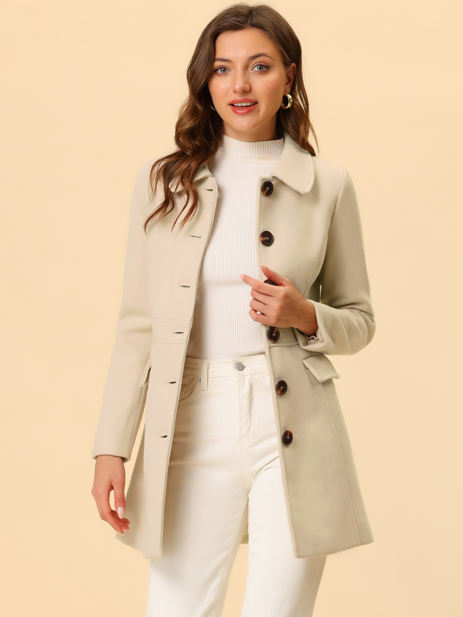 Peter Pan Collar Flap Pocket Single Breasted Button Long Coat Beige/M - Allegra K catalog