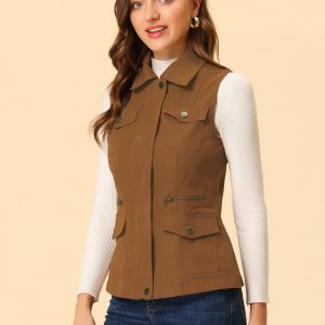 Zip Up Pockets Sleeveless Cargo Jacket Utility Vest Brown/XS - Allegra K catalog