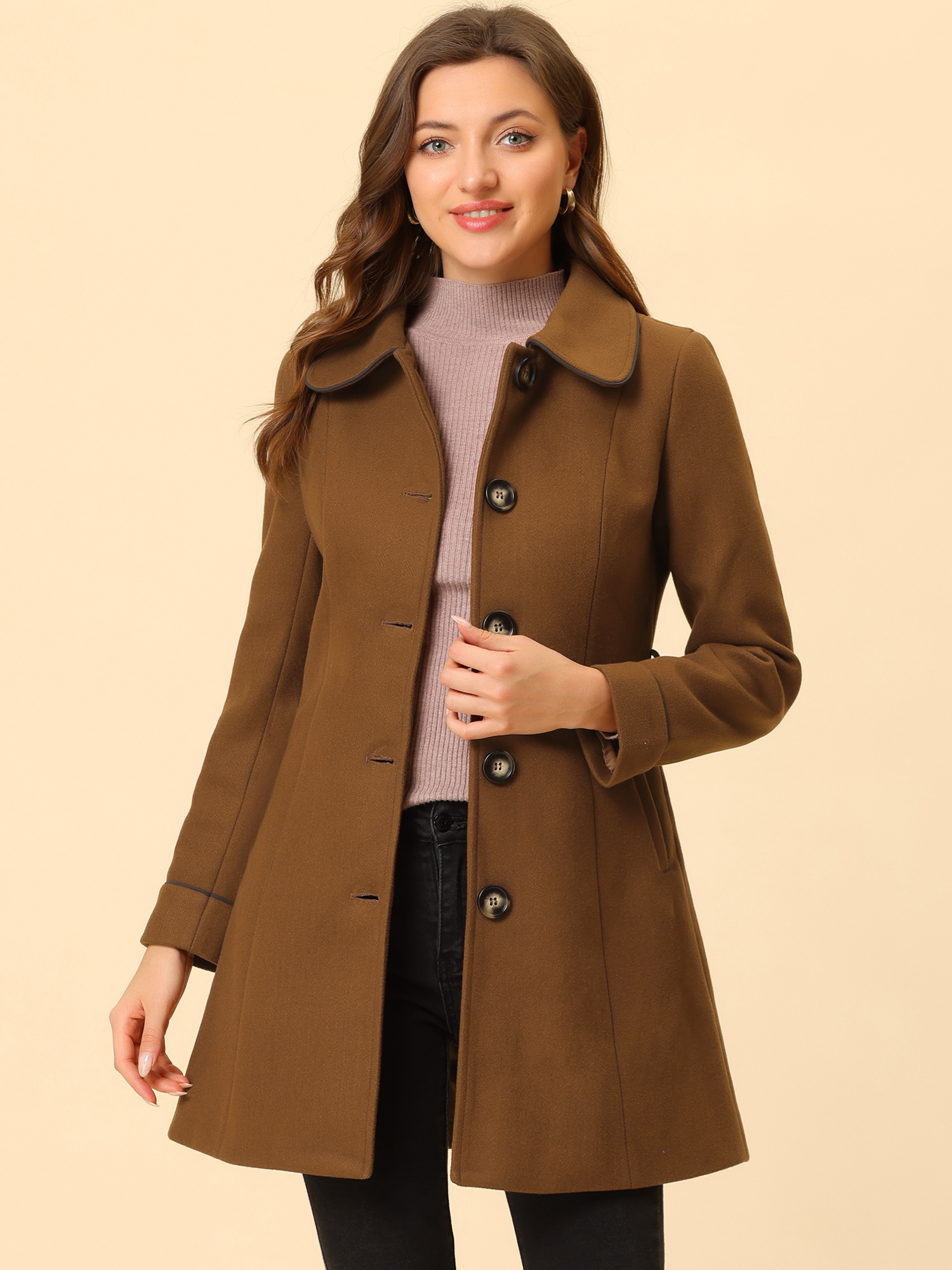 Winter Elegant Lapel Collar Long Trench Coat Brown/L - Allegra K catalog
