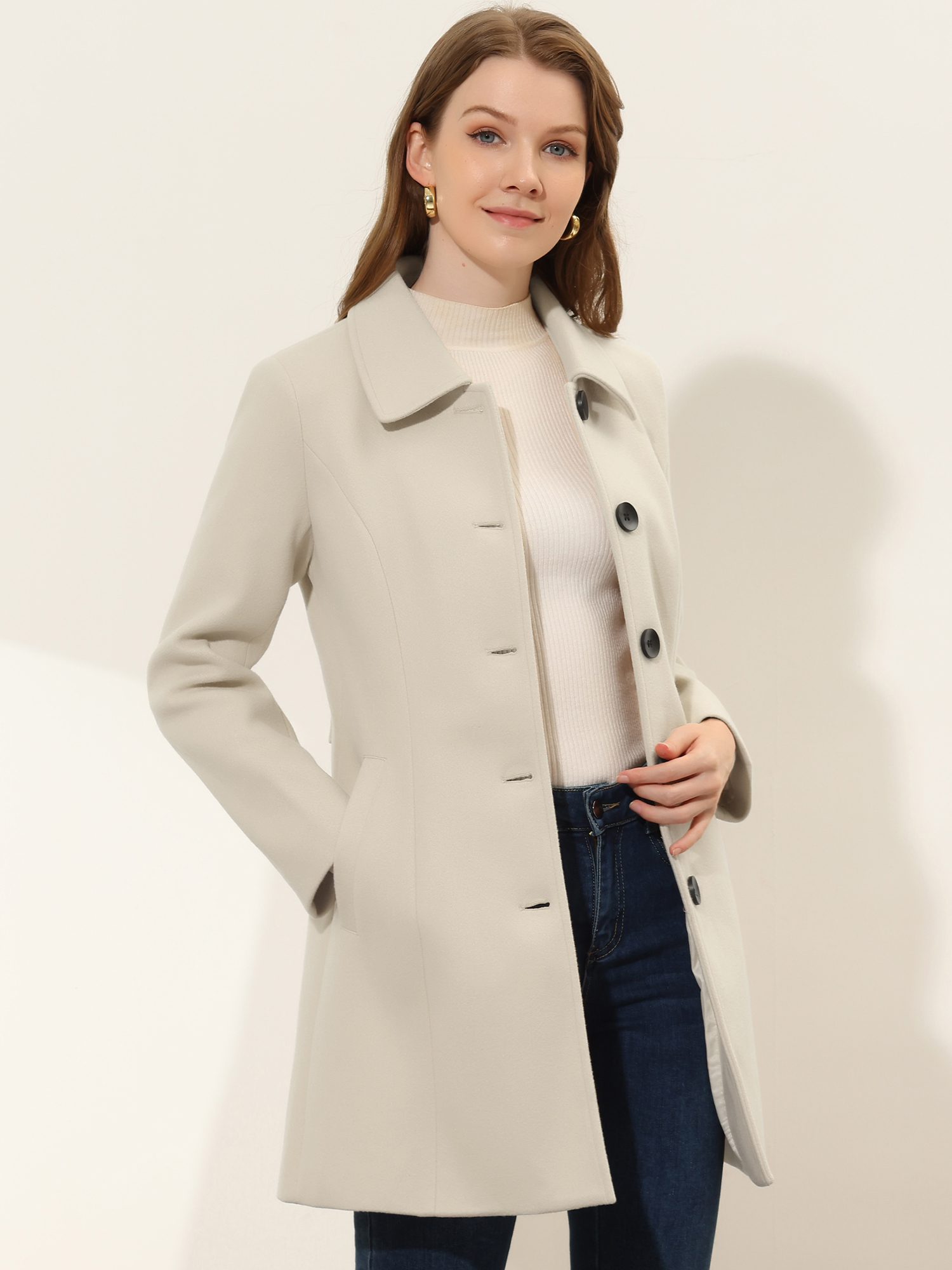 Solid Winter Single Breasted Long Warm Pocketed Pea Coat Beige/XS - Allegra K catalog