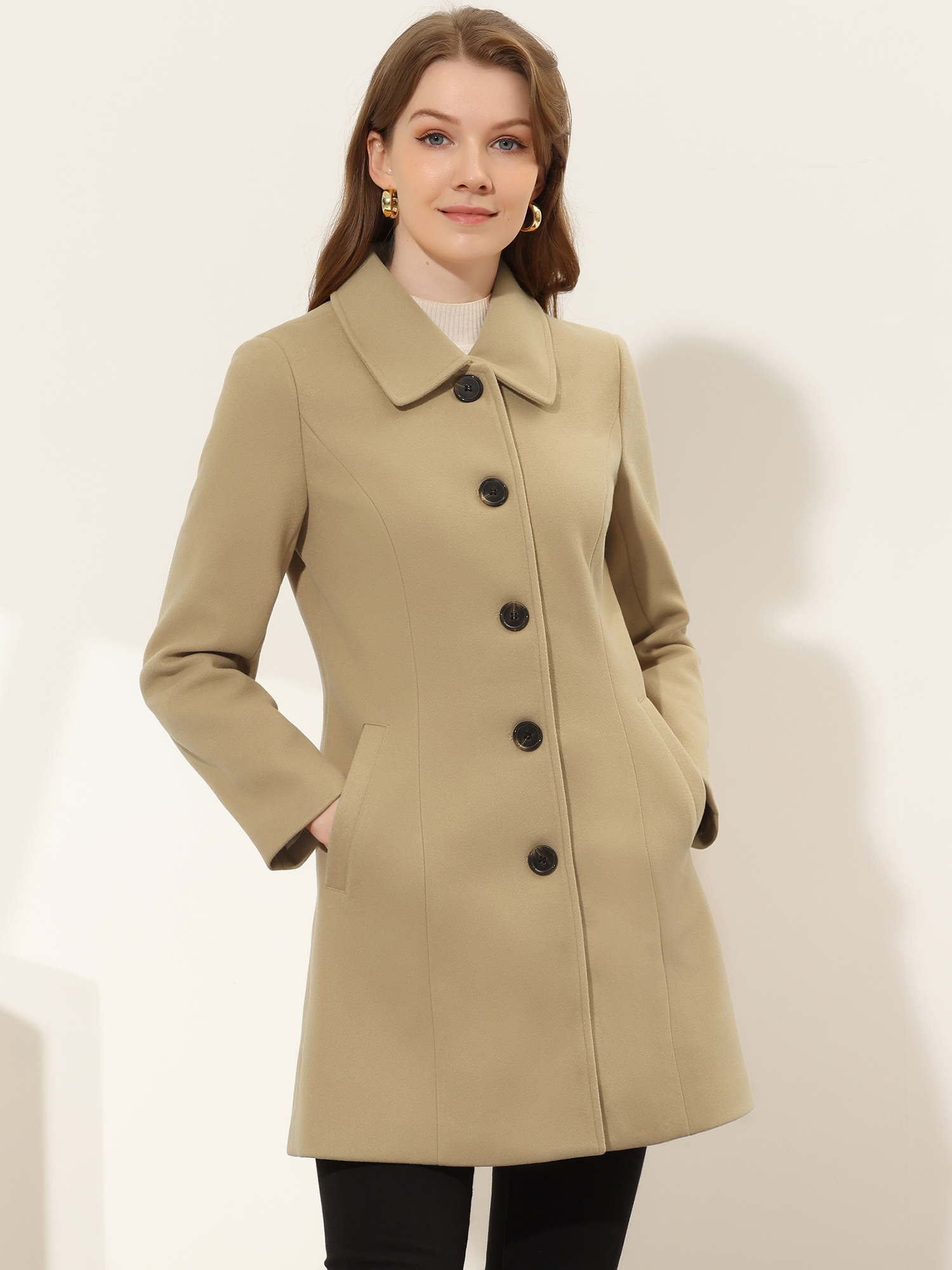 Solid Winter Single Breasted Long Warm Pocketed Pea Coat Khaki/M - Allegra K catalog
