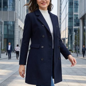 Winter Long Sleeve Notched Lapel Double Breasted Trench Coat Dark Blue/XS - Allegra K catalog