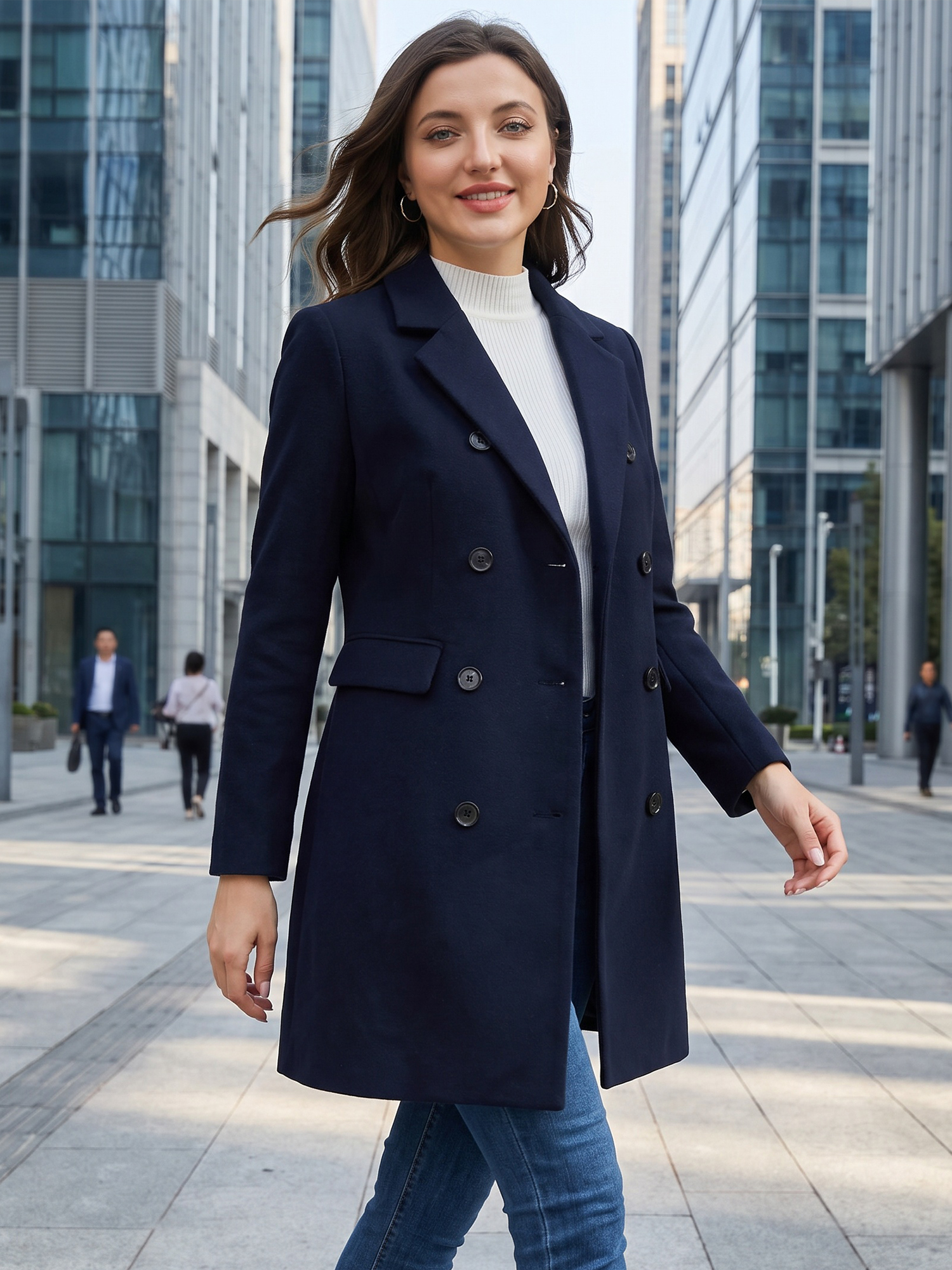 Winter Long Sleeve Notched Lapel Double Breasted Trench Coat Dark Blue/S - Allegra K catalog