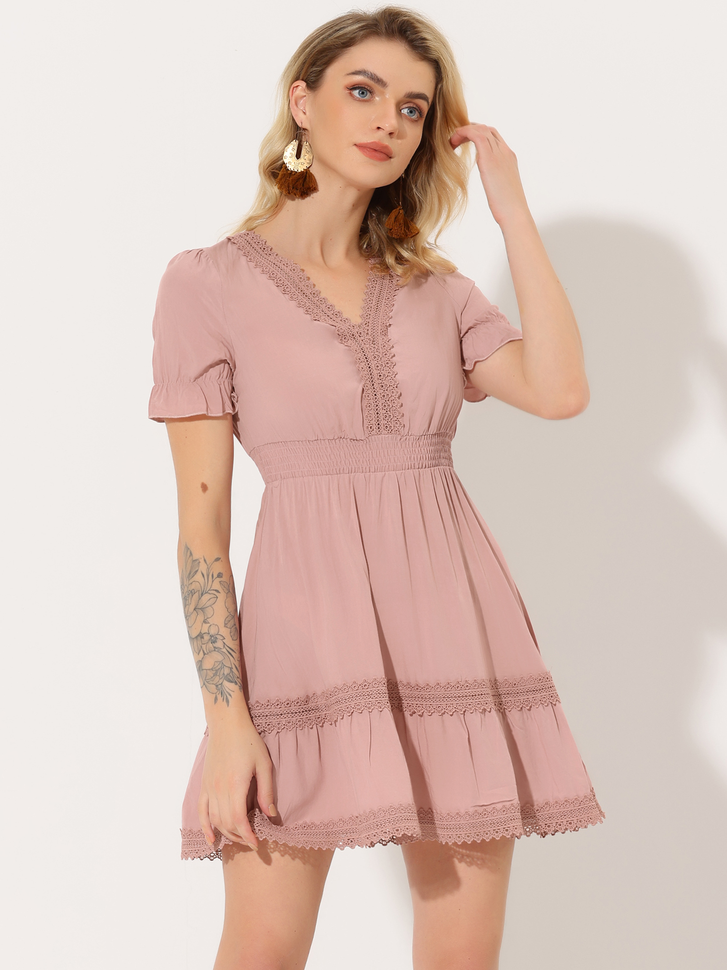 Boho Puff Sleeve V Neck Smocked Waist Ruffled Tiered Dress Pink/XS - Allegra K catalog