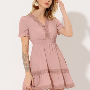 Boho Puff Sleeve V Neck Smocked Waist Ruffled Tiered Dress Pink/XL - Allegra K catalog