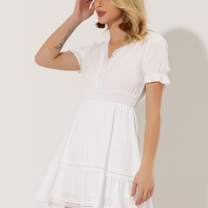 Boho Puff Sleeve V Neck Smocked Waist Ruffled Tiered Dress White/XS - Allegra K catalog